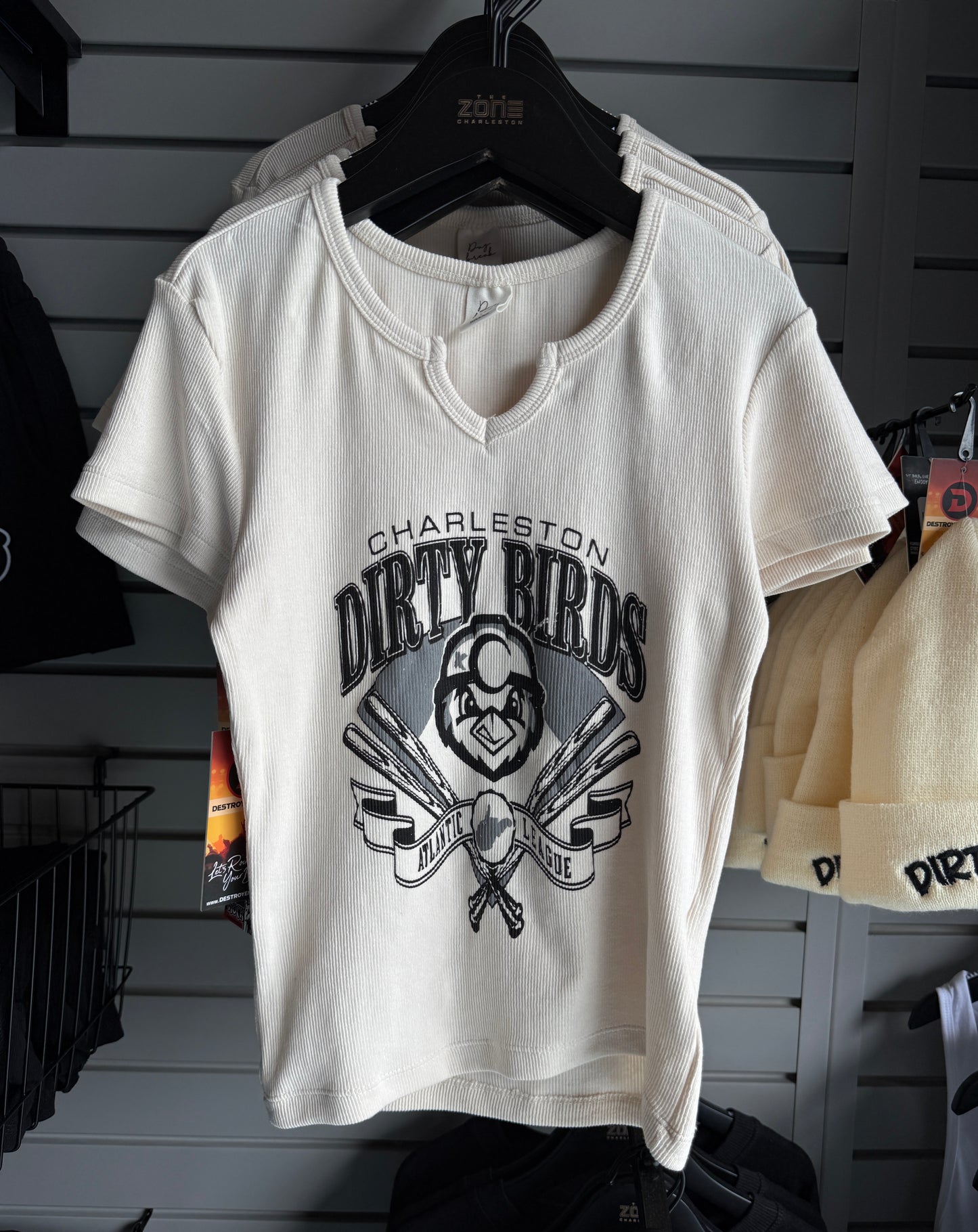 Womens Rib V Notch Short Sleeve Tee, Primary Logo - Oyster