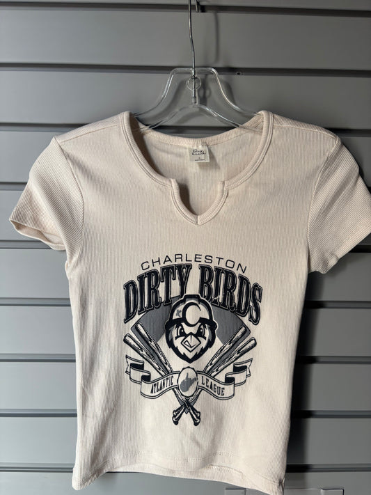 Womens Rib V Notch Short Sleeve Tee, Primary Logo - Oyster
